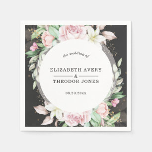 Serviette En Papier Mariage floral noir et rose