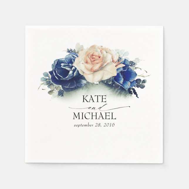 Serviette En Papier Mariage Floral orange et bleu marine (Devant)