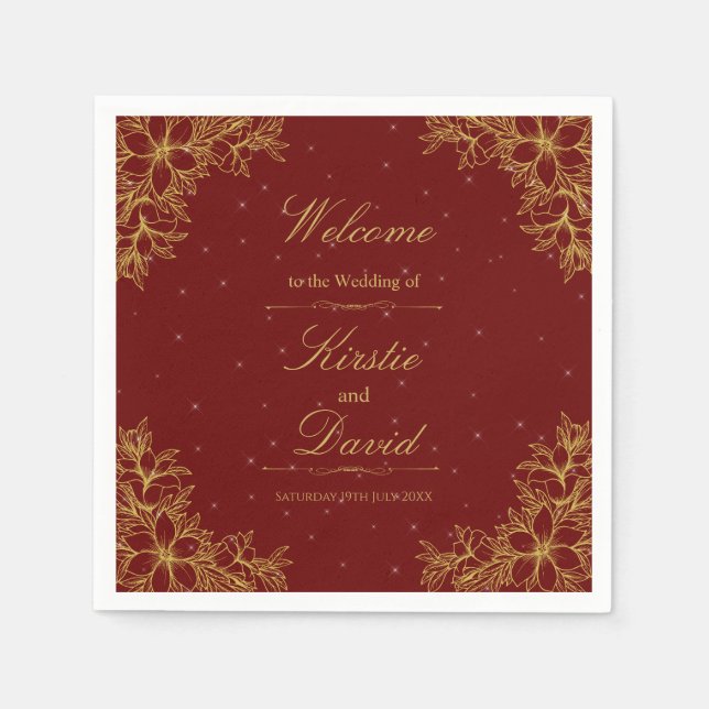 Serviette En Papier Mariage Floral Orné Or (Devant)