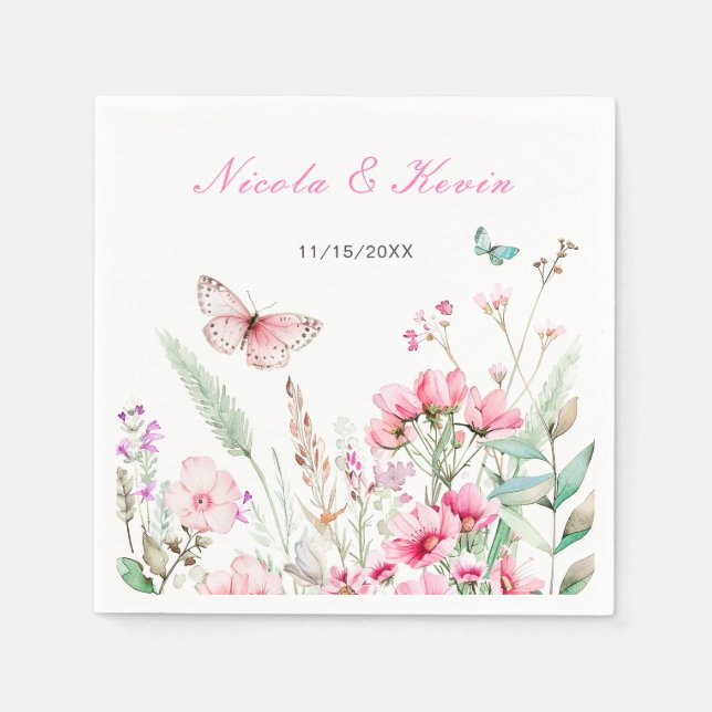 Serviette En Papier Mariage floral papillon rose de printemps (Devant)