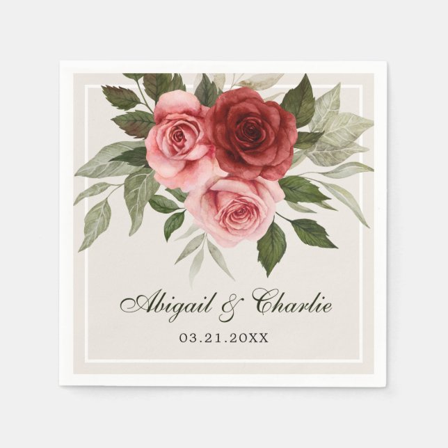 Serviette En Papier Mariage Floral Romantique Rose Et Rouge Aquarelle (Devant)