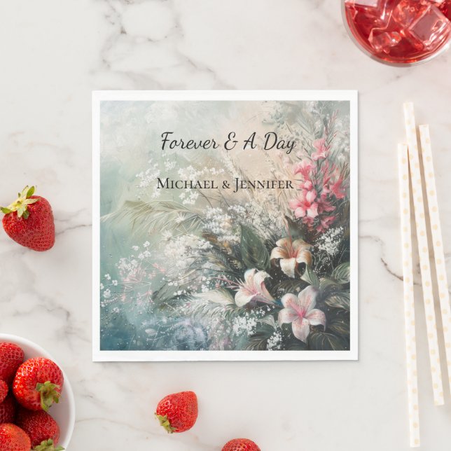 Serviette En Papier Mariage floral rose blanc tropical (En situation)