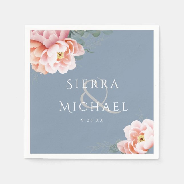 Serviette En Papier Mariage floral rose bleu foncé moderne (Devant)