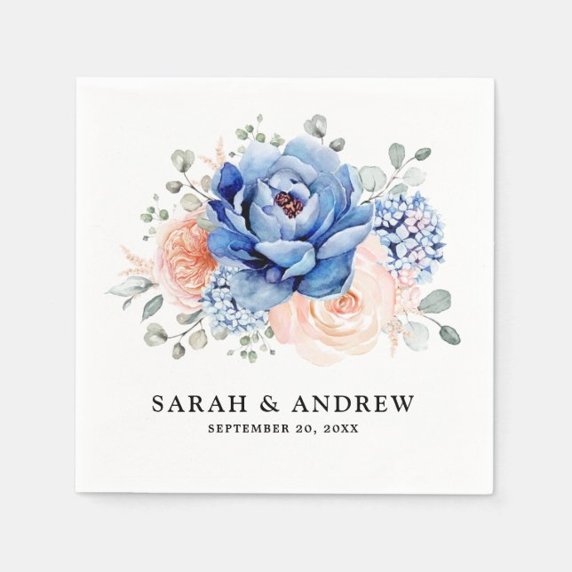 Serviette En Papier Mariage floral rose bleu marine (Devant)