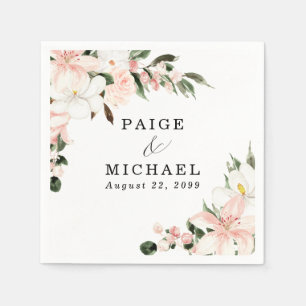 Serviette En Papier Mariage floral rose et blanc personnalisé