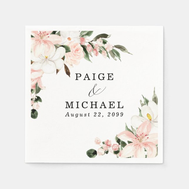 Serviette En Papier Mariage floral rose et blanc personnalisé (Devant)