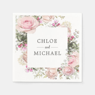 Serviette En Papier Mariage floral rose et blanc personnalisé