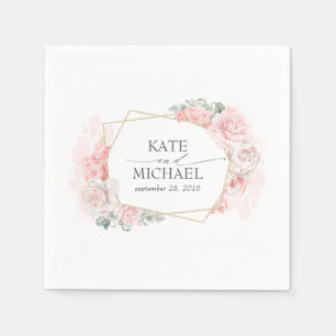 Serviette En Papier Mariage floral rose et bleu poussiéreux