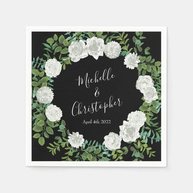 Serviette En Papier Mariage floral rose noir et blanc (Devant)