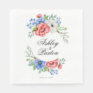 Serviette En Papier Mariage floral rouge, blanc et bleu