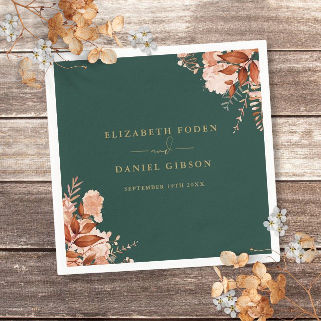Serviette En Papier Mariage Floral Rustique Émeraude Vert Et Or (Rustic Floral Emerald Green And Gold Wedding Napkins)