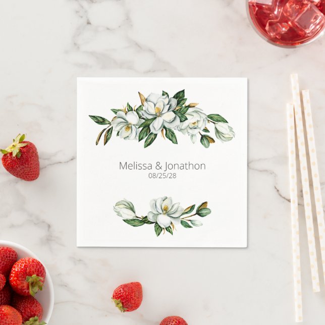 Serviette En Papier Mariage floral rustique Magnolia blanc (En situation)