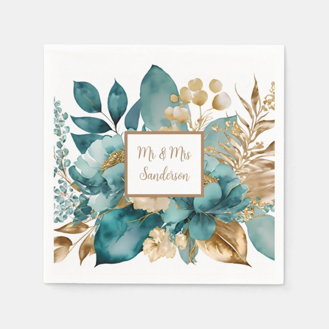Serviette En Papier Mariage floral sarcelle et or (Devant)
