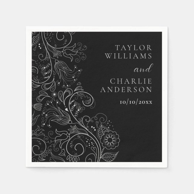 Serviette En Papier Mariage floral soyeux et noir (Devant)