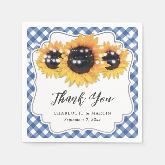 Serviette En Papier Mariage Floral Tournesol Gingham Bleu (Devant)