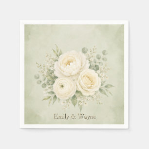 Serviette En Papier Mariage Floral Vert Sauge et Ivoire