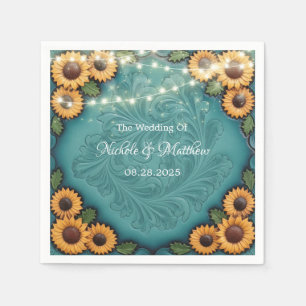Serviette En Papier Mariage frontalier de tournesol en cuir turquoise