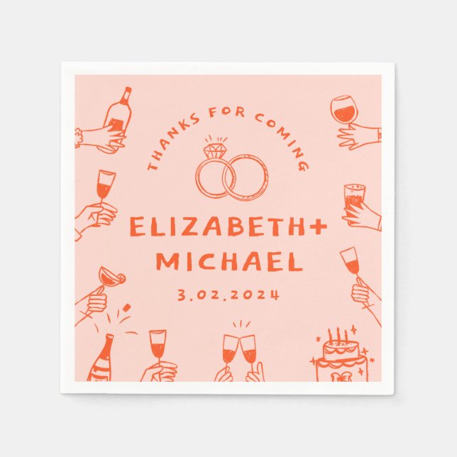 Serviette En Papier Mariage funky rouge rose à main (Devant)