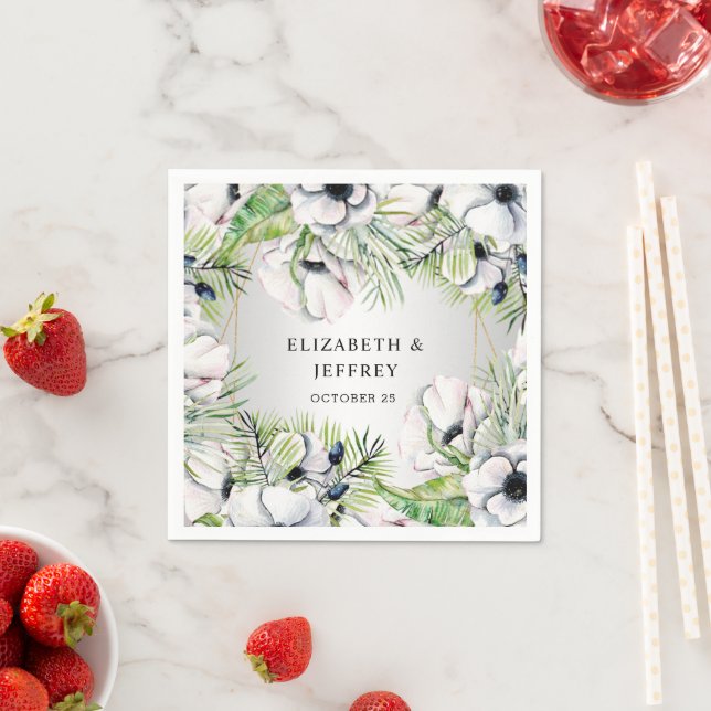 Serviette En Papier Mariage géométrique argent blanc rustique Anémone  (En situation)