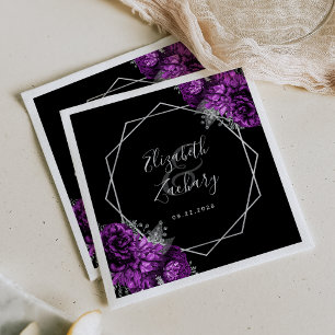 Serviette En Papier Mariage Géométrique Argent Floral Violet Noir
