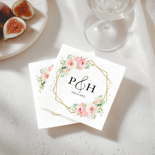 Serviette En Papier Mariage géométrique floral monogramme feuille d'or