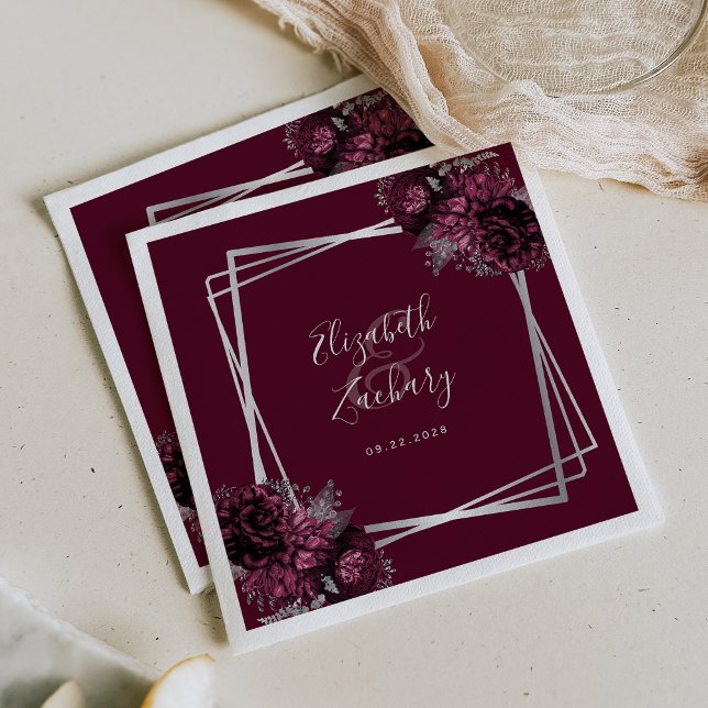 Serviette En Papier Mariage géométrique foncé bordeaux fleuri en argen (Créateur téléchargé)