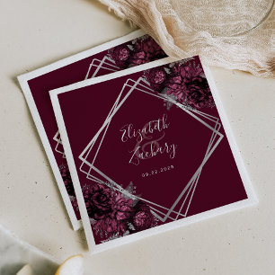 Serviette En Papier Mariage géométrique foncé bordeaux fleuri en argen