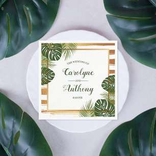 Serviette En Papier Mariage Gold Foil & Green Palm Leaf Beach