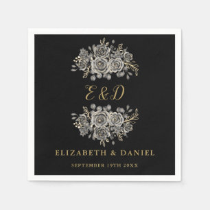 Serviette En Papier Mariage gothique floral à monogramme en or noir