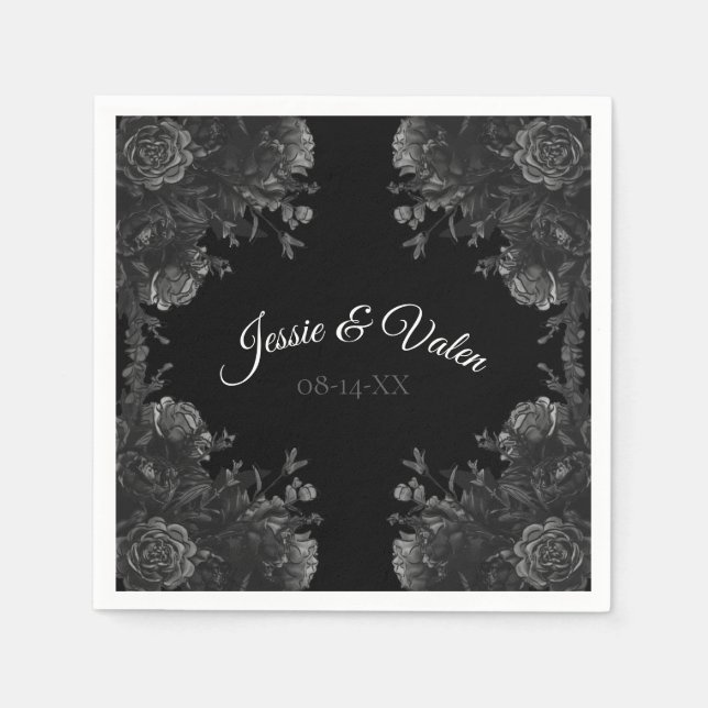 Serviette En Papier Mariage gothique Rose noir et gris (Devant)