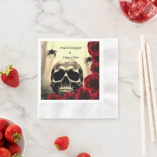 Serviette En Papier Mariage Halloween Fleurs Gothiques Crâne Noir et R