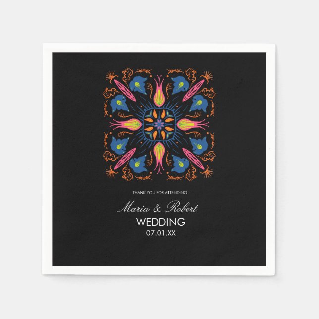 Serviette En Papier Mariage indien Thème Eléphant Floral Noir (Devant)