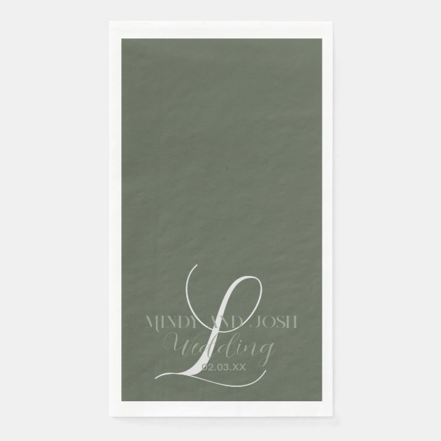 Serviette En Papier Mariage initial romantique Sage vert Script (Devant)