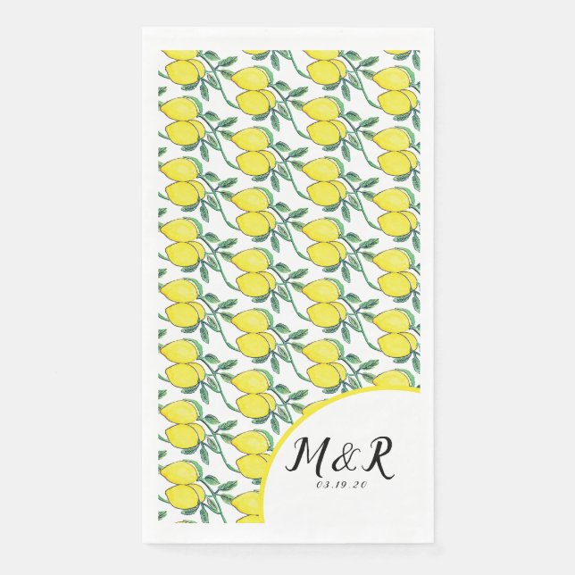 Serviette En Papier Mariage Jaune Citron Vert Feuillage Aquarelle  (Devant)