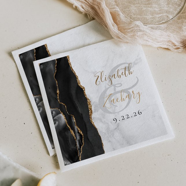 Serviette En Papier Mariage Marbre Noir Agate Geode Script Or (Créateur téléchargé)
