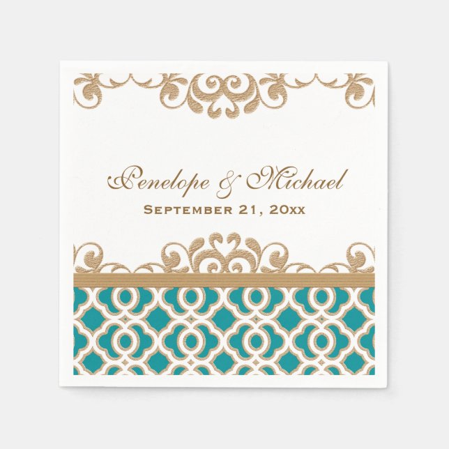 Serviette En Papier Mariage marocain turquoise et or (Devant)