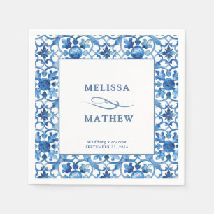 Serviette En Papier Mariage méditerranéen moderne bleu & blanc