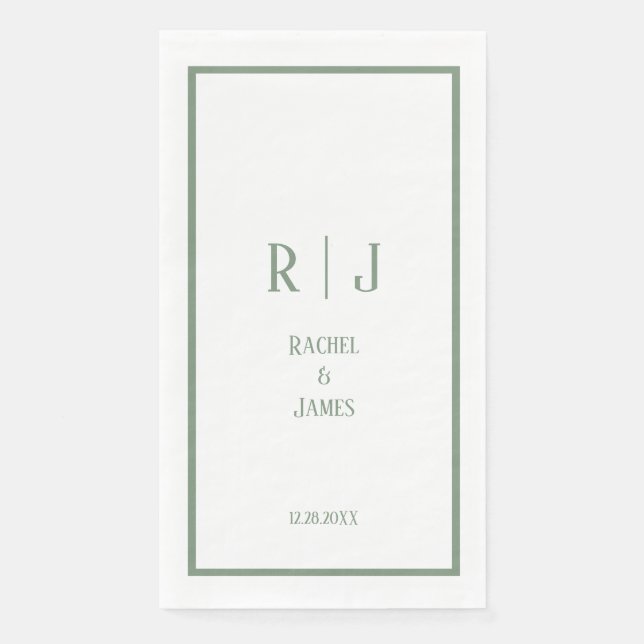 Serviette En Papier Mariage Minimal Élégant Monogramme Vert Sauge (Devant)