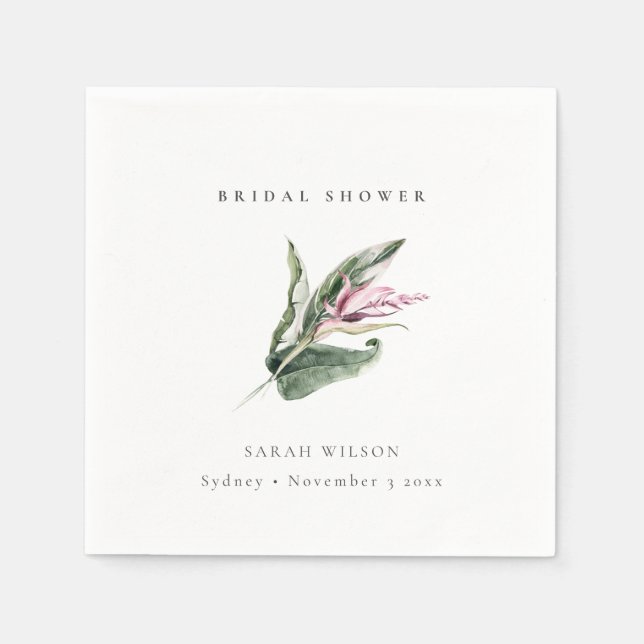 Serviette En Papier Mariage Minimal Tropical Rose Feuillu Floral (Devant)