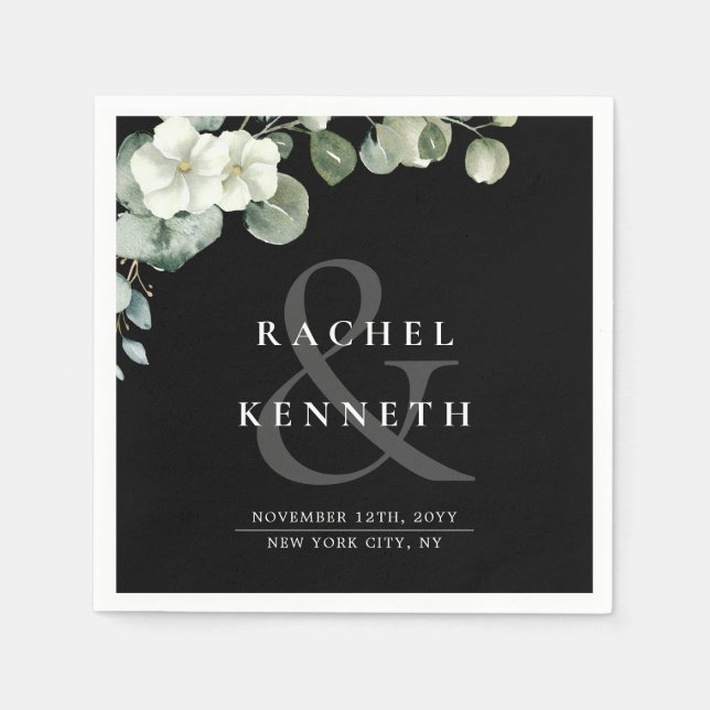 Serviette En Papier Mariage minimaliste chic Eucalyptus noir et blanc (Devant)