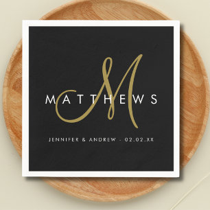 Serviette En Papier Mariage minimaliste moderne à monogramme noir et o