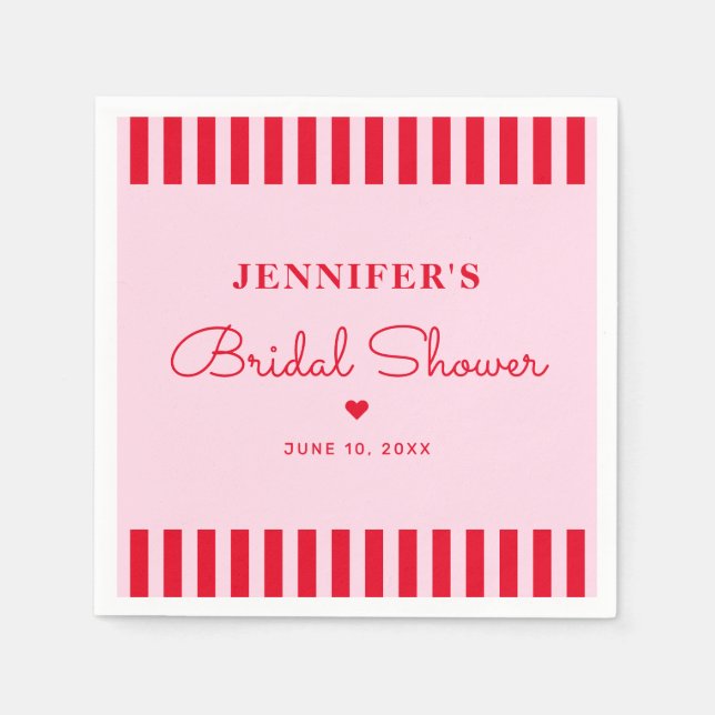 Serviette En Papier Mariage Modern Rétro Rose Et Rayures Rouges (Devant)