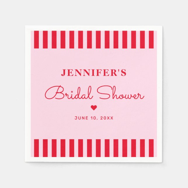 Serviette En Papier Mariage Modern Rétro Rose & Rayures Rouges (Devant)