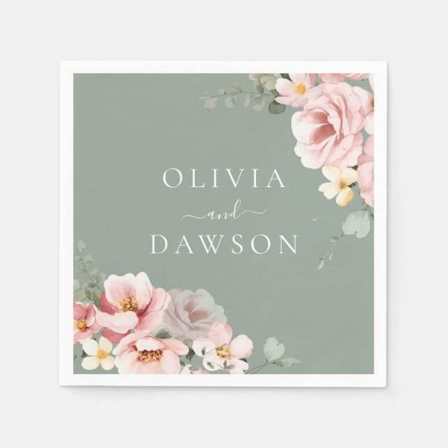 Serviette En Papier Mariage moderne Blush & Sage Green (Devant)