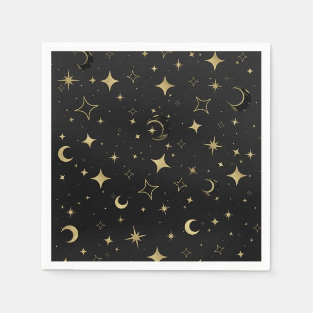 Serviette En Papier Mariage Moderne Céleste Lune Étoiles Noir & Or (Devant)