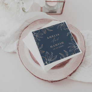 Serviette En Papier Mariage Moderne Fleuris Bleu Foncé & Or Rose