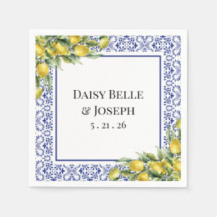 Serviette En Papier Mariage Moderne Méditerranéen Citron Bleu Mosaïque