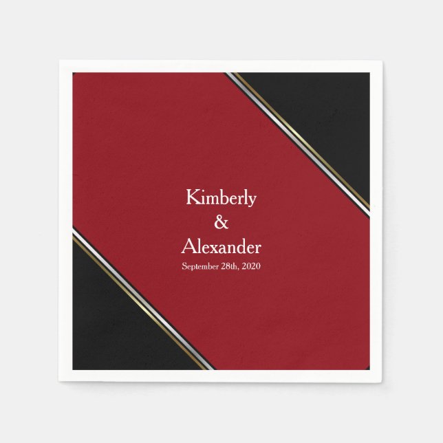 Serviette En Papier Mariage moderne noir et rouge (Devant)