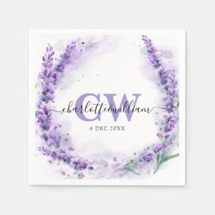 Serviette En Papier Mariage Monogramme Aquarelle Élégant Lavande
