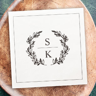 Serviette En Papier Mariage Monogramme Couronne de Laurier Noir Blanc